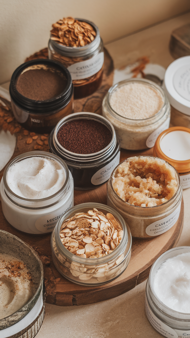 Various jars of gentle exfoliating scrubs displayed on a wooden tray