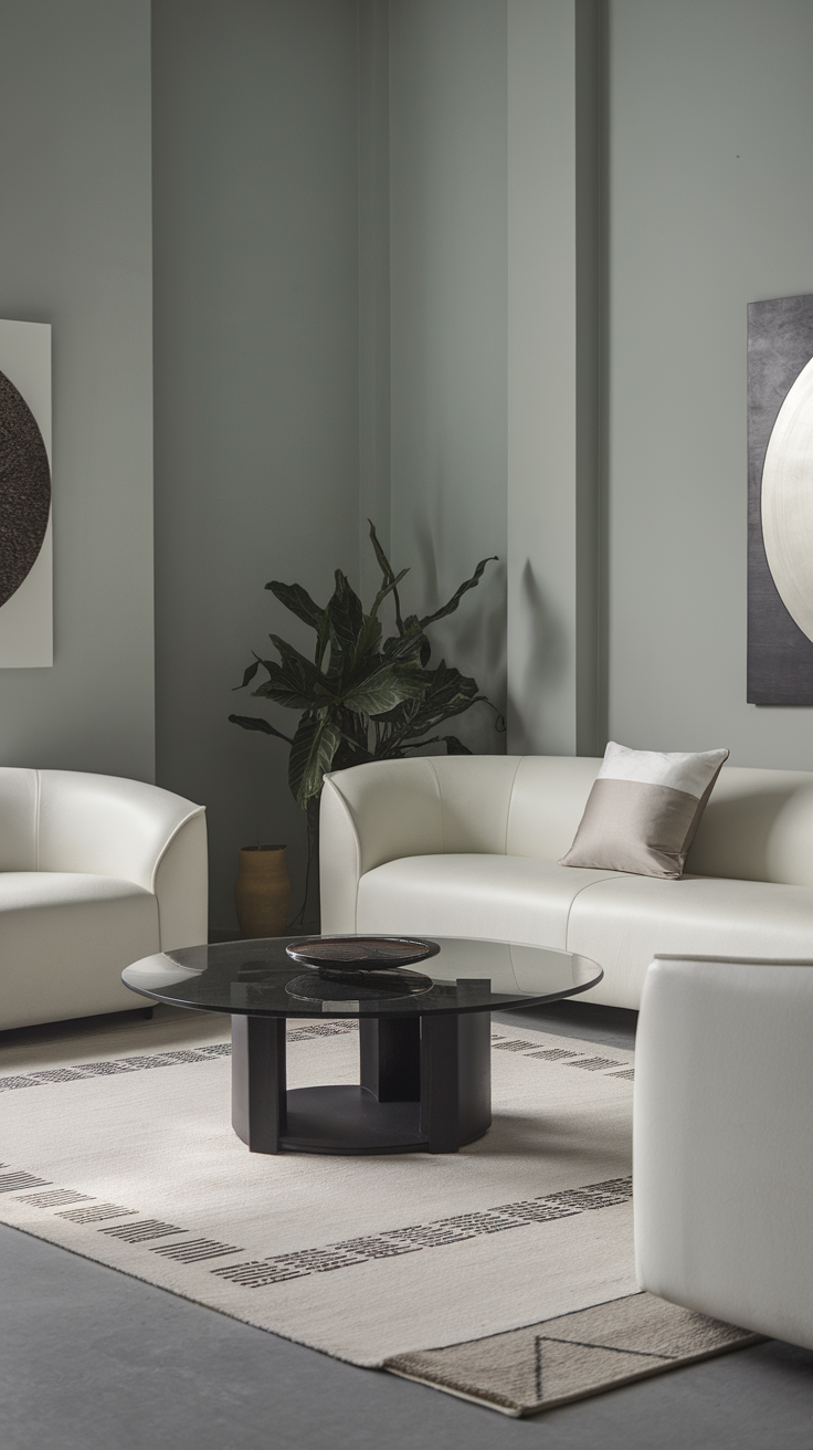 A cozy minimalist living room with white furniture and a black coffee table.