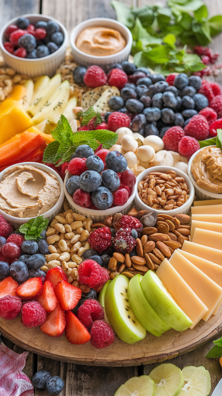 A colorful gourmet snack board featuring fresh fruits, nuts, cheeses, and dips arranged beautifully.