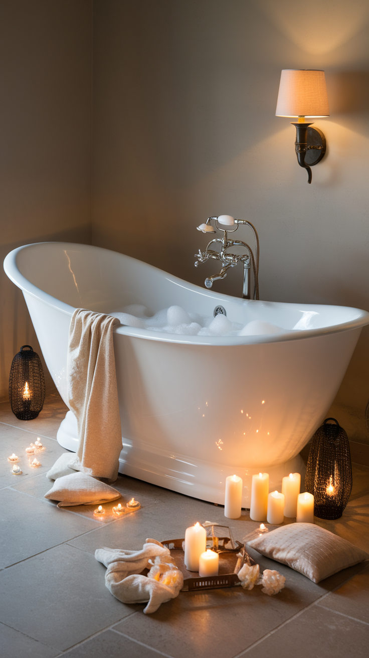 A luxurious bathing area featuring a white bathtub surrounded by soft lighting and candles.