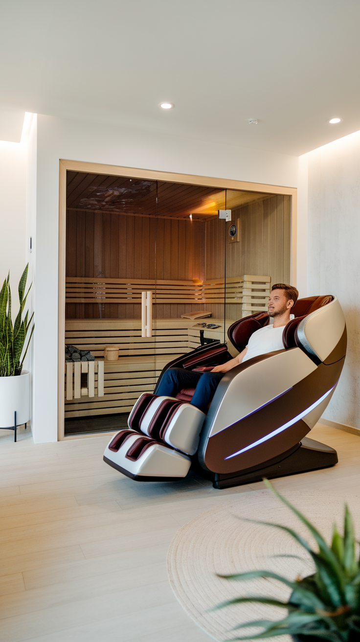 A modern spa room featuring a massage chair and sauna.