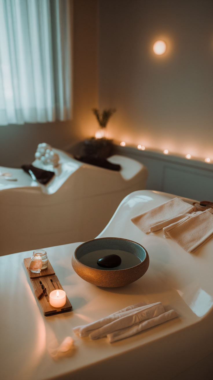 A serene wellness station featuring a bowl of water, smooth stone, soft towels, and a candle in a calming spa atmosphere.