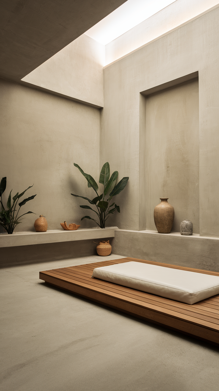 A minimalist Zen space with earthy tones, a wooden platform, and plants.