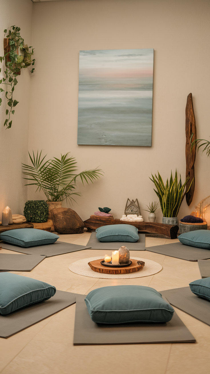 A peaceful meditation corner with cushions, plants, and calming decor.