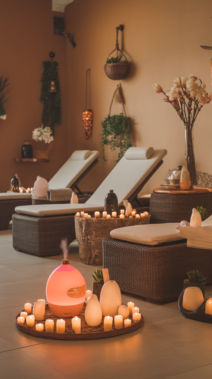 A peaceful spa room with lounge chairs, candles, and an essential oil diffuser.