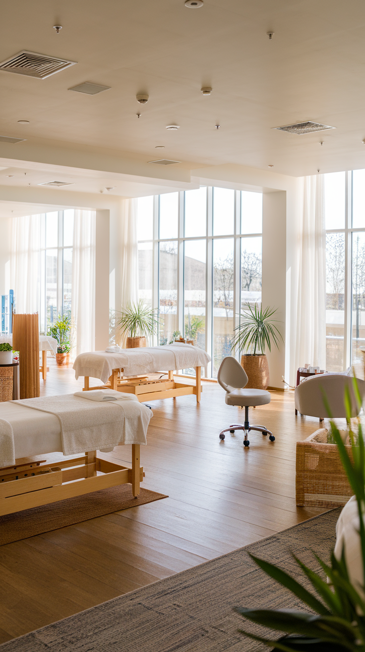 A spacious and airy spa room with large windows, wooden floors, treatment tables, and plants.