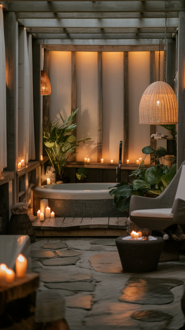 A serene spa-like room with soft lighting, a bathtub, candles, and plants.