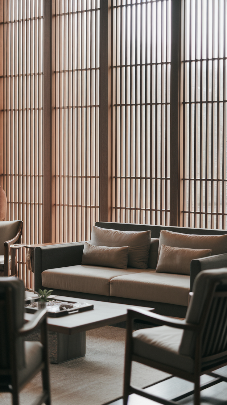 A cozy living room with sophisticated window treatments, featuring wooden slats allowing soft light to filter through.