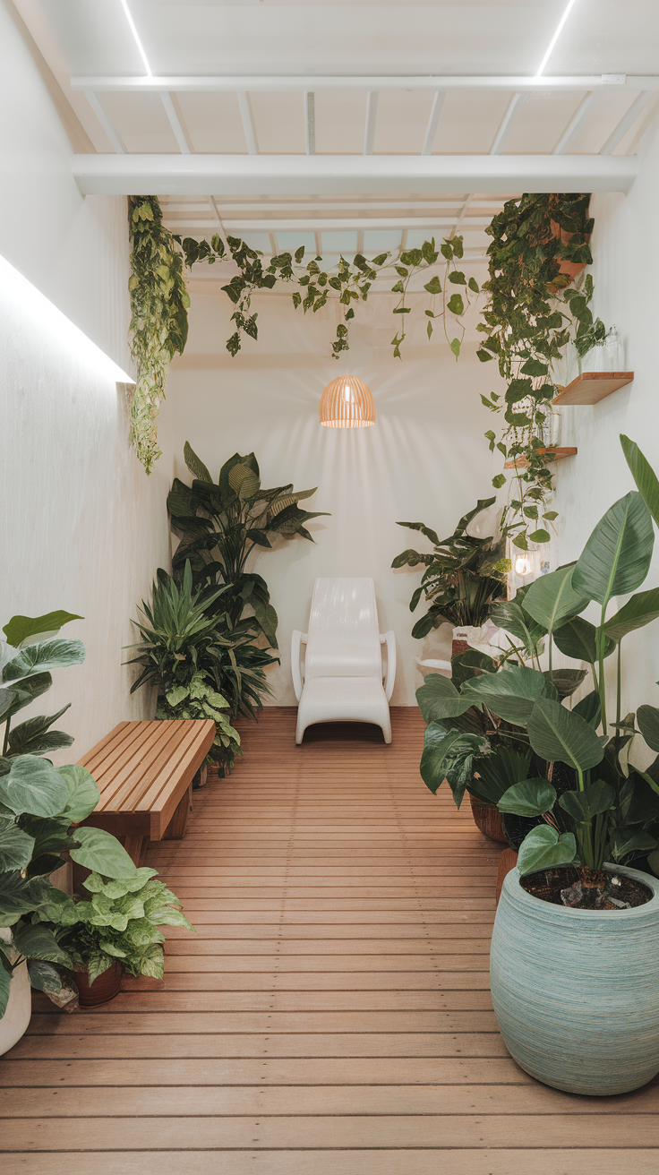 Cozy indoor space filled with various plants, featuring a white chair and wooden flooring.