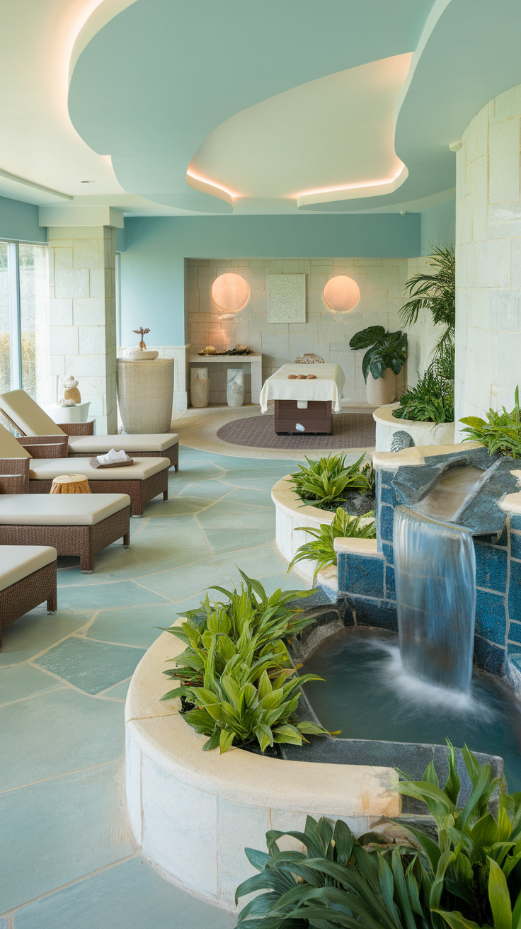 A serene spa room with blue walls, soft lighting, lounge chairs, and a water feature.