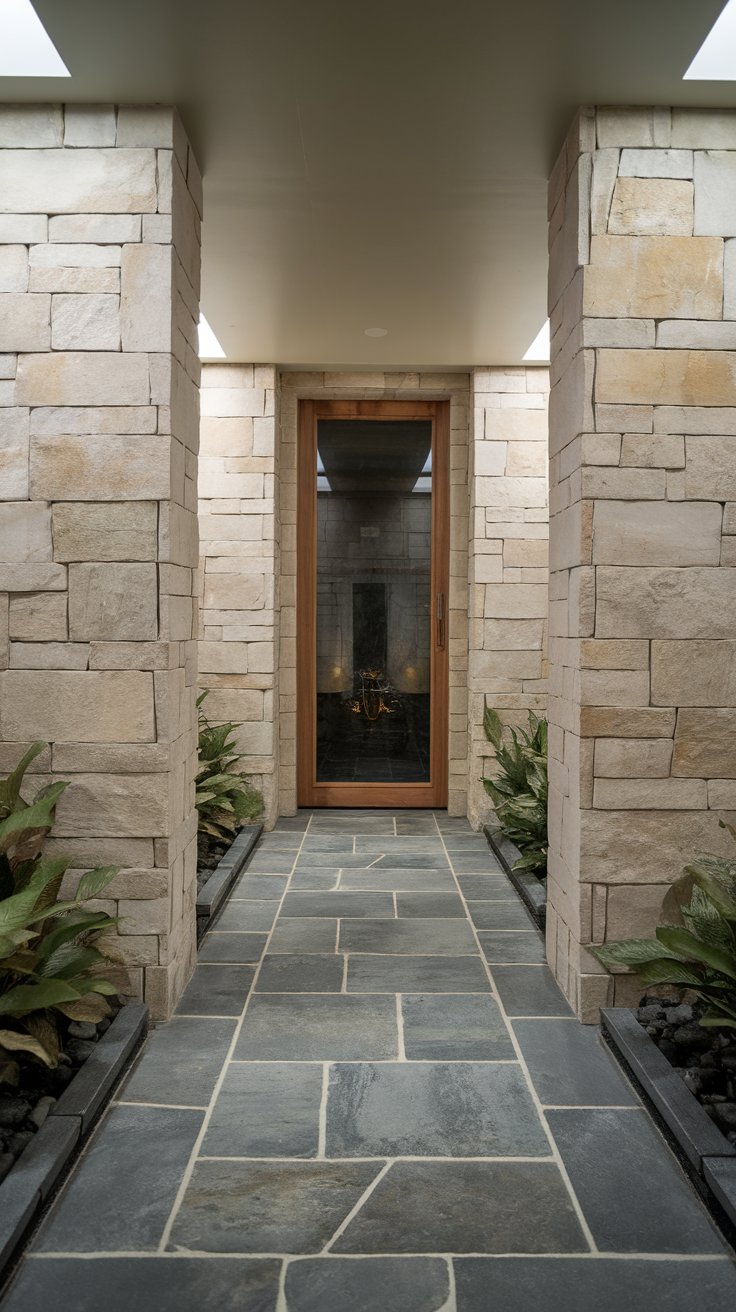 Entrance with stone pillars and a stone pathway leading to a wooden door, surrounded by plants.