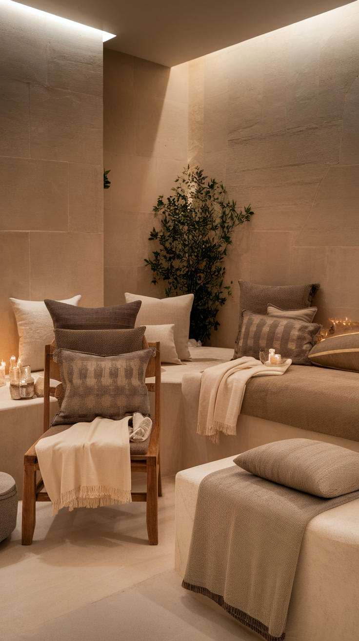 A cozy spa-like room with soft textiles, pillows, and warm lighting.