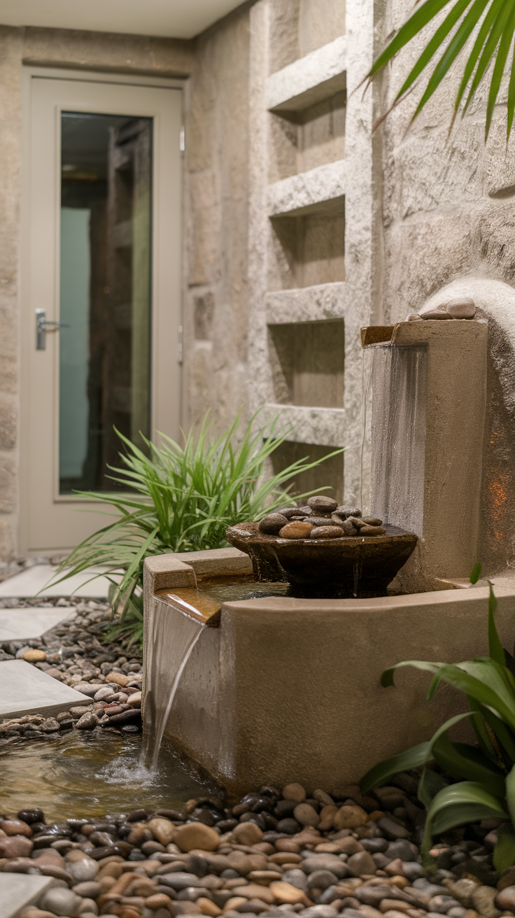 A tranquil water fountain surrounded by stones and greenery, creating a calming atmosphere.