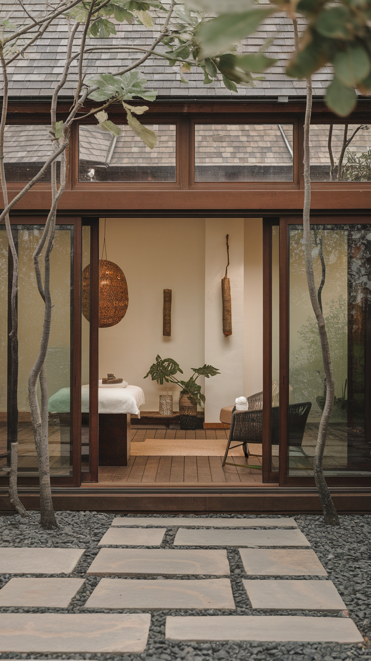 A serene spa room visible through large glass doors, surrounded by greenery and stone pathways.