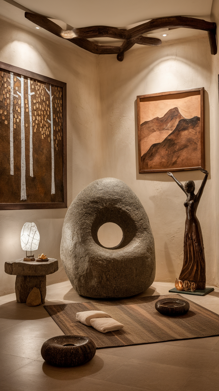 Interior of a spa room featuring earthy textures, wooden beams, and stone accents.