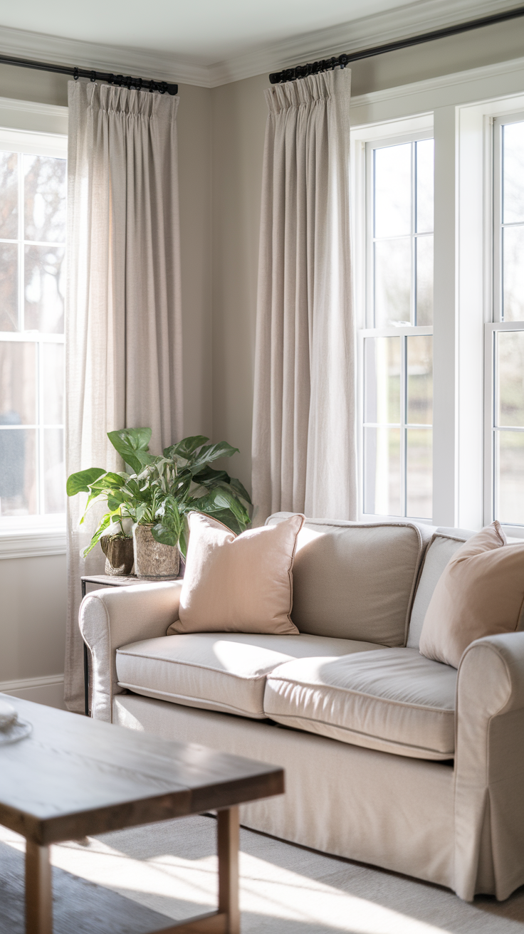 Cozy living room with soft neutral colors, featuring a light couch, warm curtains, and a plant.