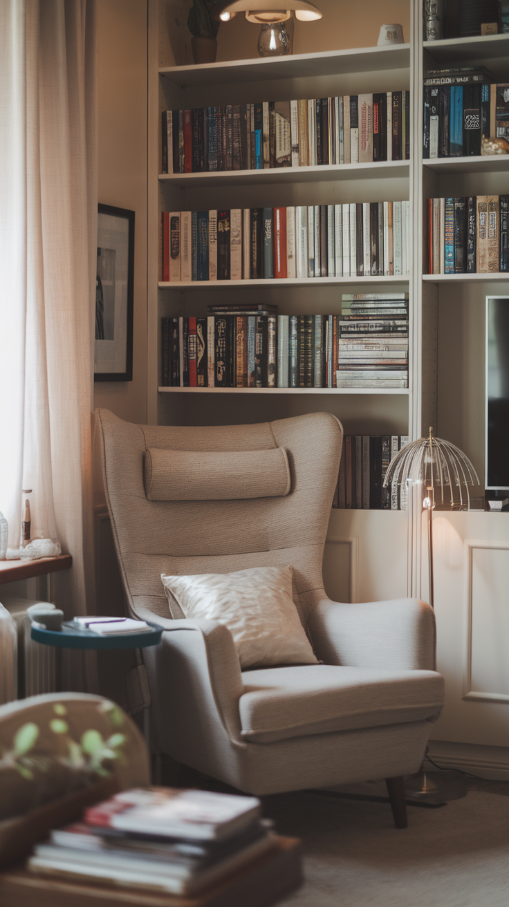 Cozy reading nook with a comfortable chair, bookshelves, and warm lighting.