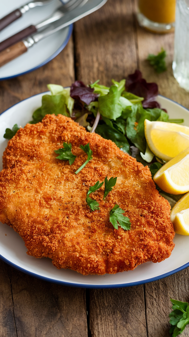 Crispy and Healthy Air Fryer Pork Schnitzel Recipe Crispy air fryer pork schnitzel with lemon wedges and mixed greens on a rustic table.