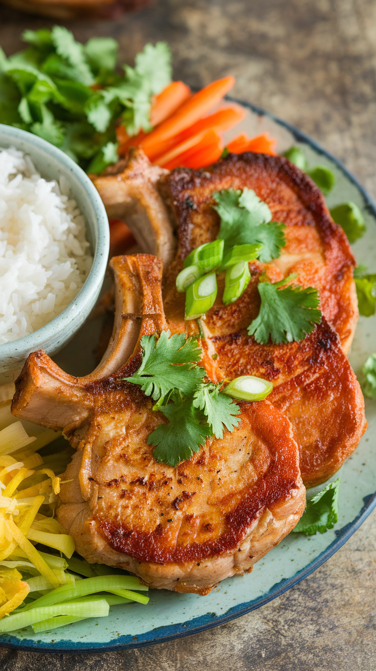 Easy Air Fryer Vietnamese Pork Chops Recipe (Thit Nuong) Air Fryer Vietnamese Pork Chops garnished with cilantro and green onions on a plate with rice and vegetables.