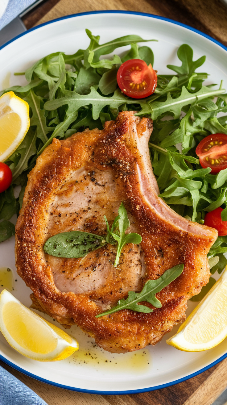 Crispy Air Fryer Pork Milanese with Arugula Salad Crispy air fryer pork Milanese with arugula salad and cherry tomatoes, served on a white plate.