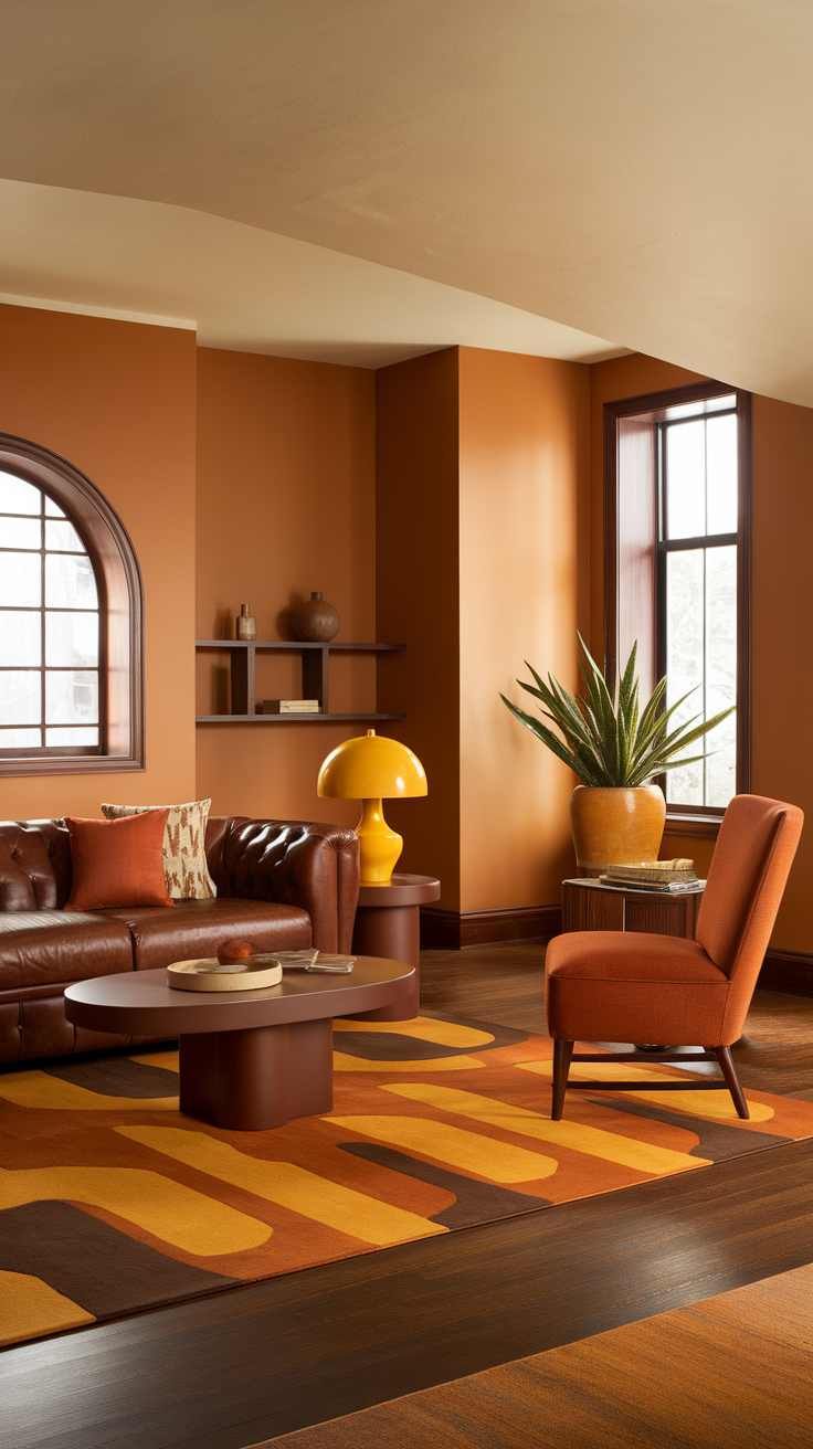 Cozy living room featuring warm color palette with orange and yellow accents.