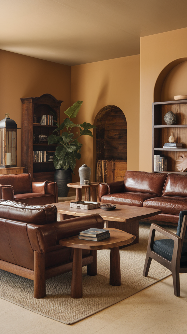 Living room with rich wood accents and finishes, featuring leather sofas and wooden tables.