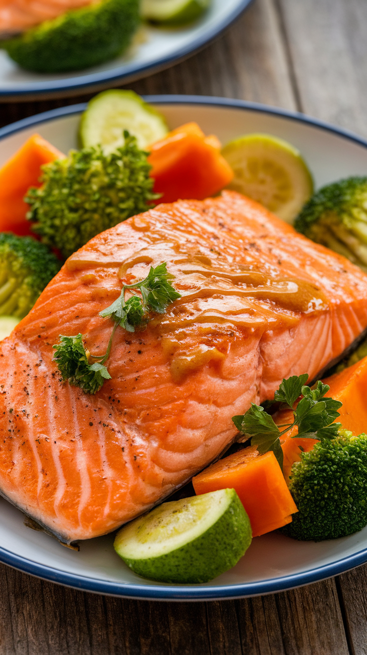 Quick and Delicious Air Fryer Honey Dijon Salmon Air Fryer Honey Dijon Salmon fillet with a glossy glaze on a plate, garnished with parsley, accompanied by colorful vegetables.