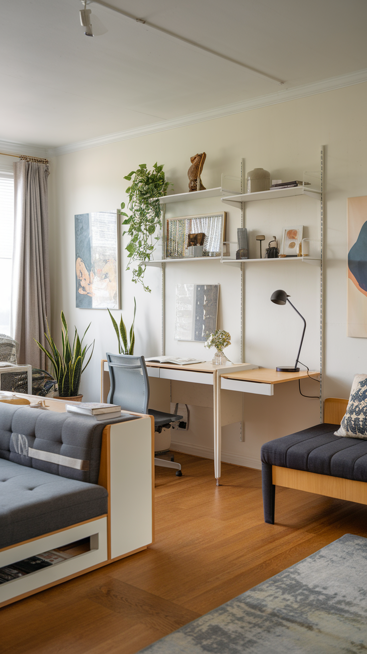 A stylish multi-purpose living room with a cozy design featuring plants, a workspace, and modern decor.