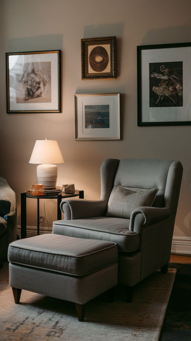 Cozy living room with a comfortable grey chair, ottoman, and soft lighting, featuring art on the walls.