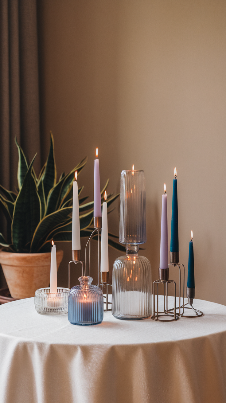 A collection of stylish scented candles in various colors, lit and set on a table with a plant in the background.