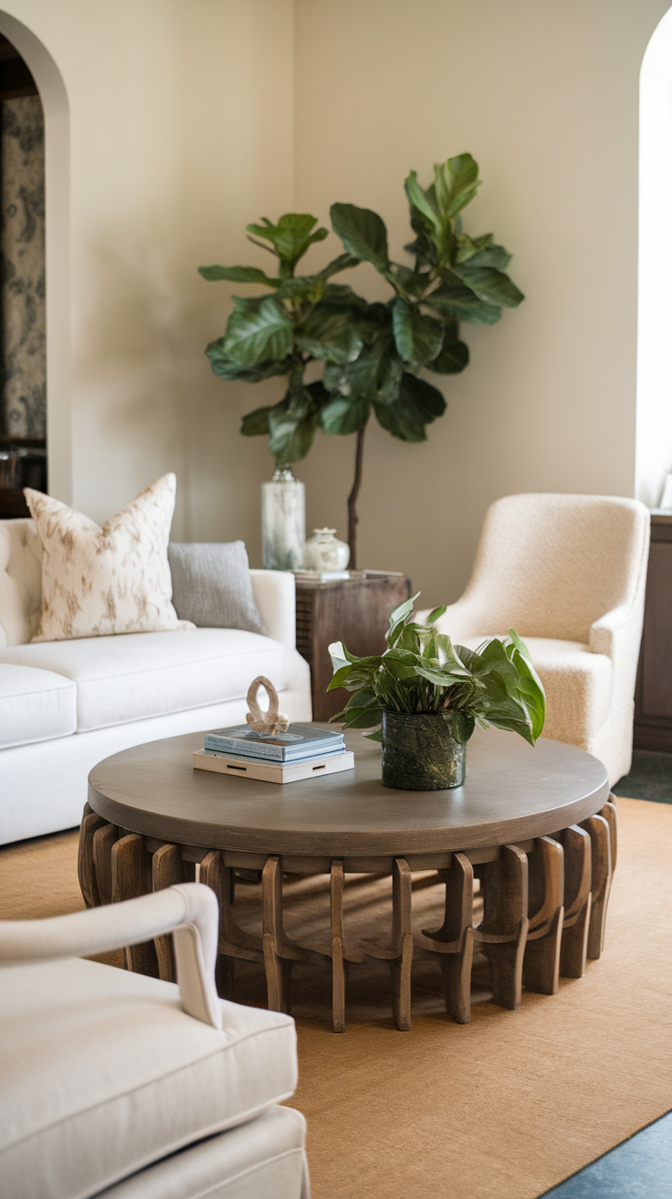 Stylish coffee table in a cozy living room setting with plants and decorative elements.