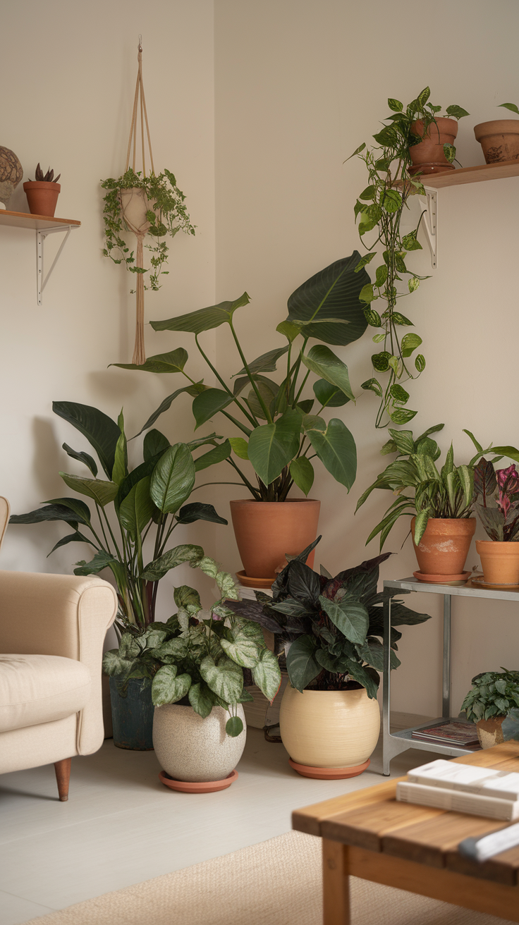 Indoor plants in a cozy room setting with a comfortable chair and wooden table.