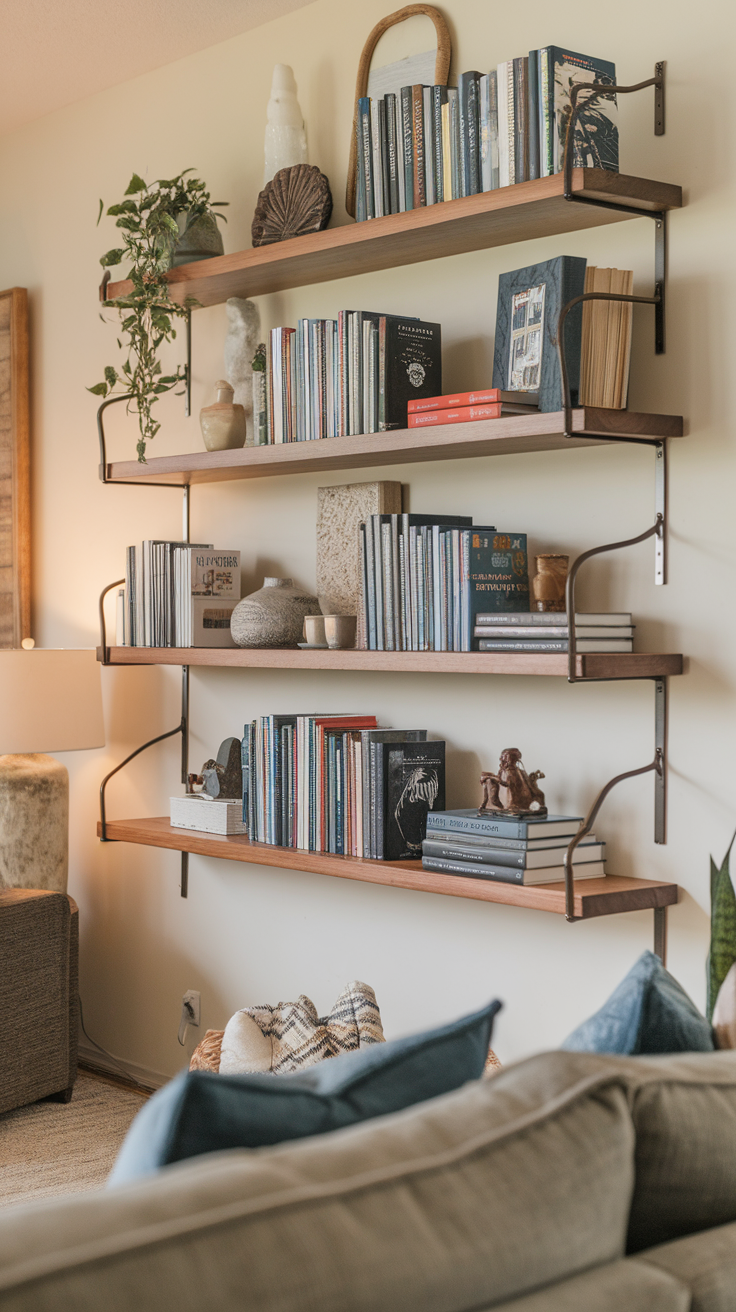 Stylish wooden shelves displaying books and decor in a cozy living room