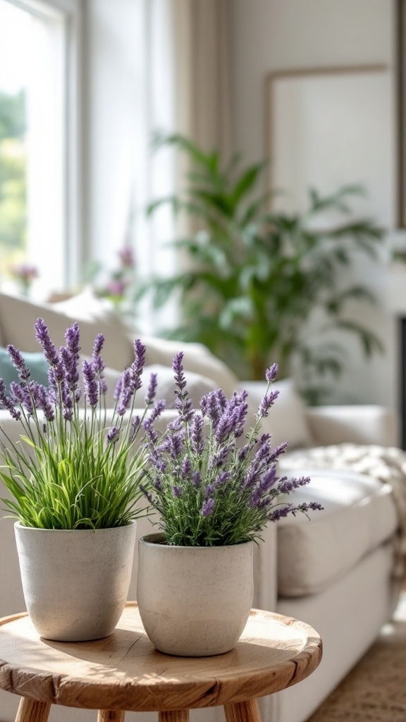 Two pots of lavender on a wooden stool in a bright living room setting.