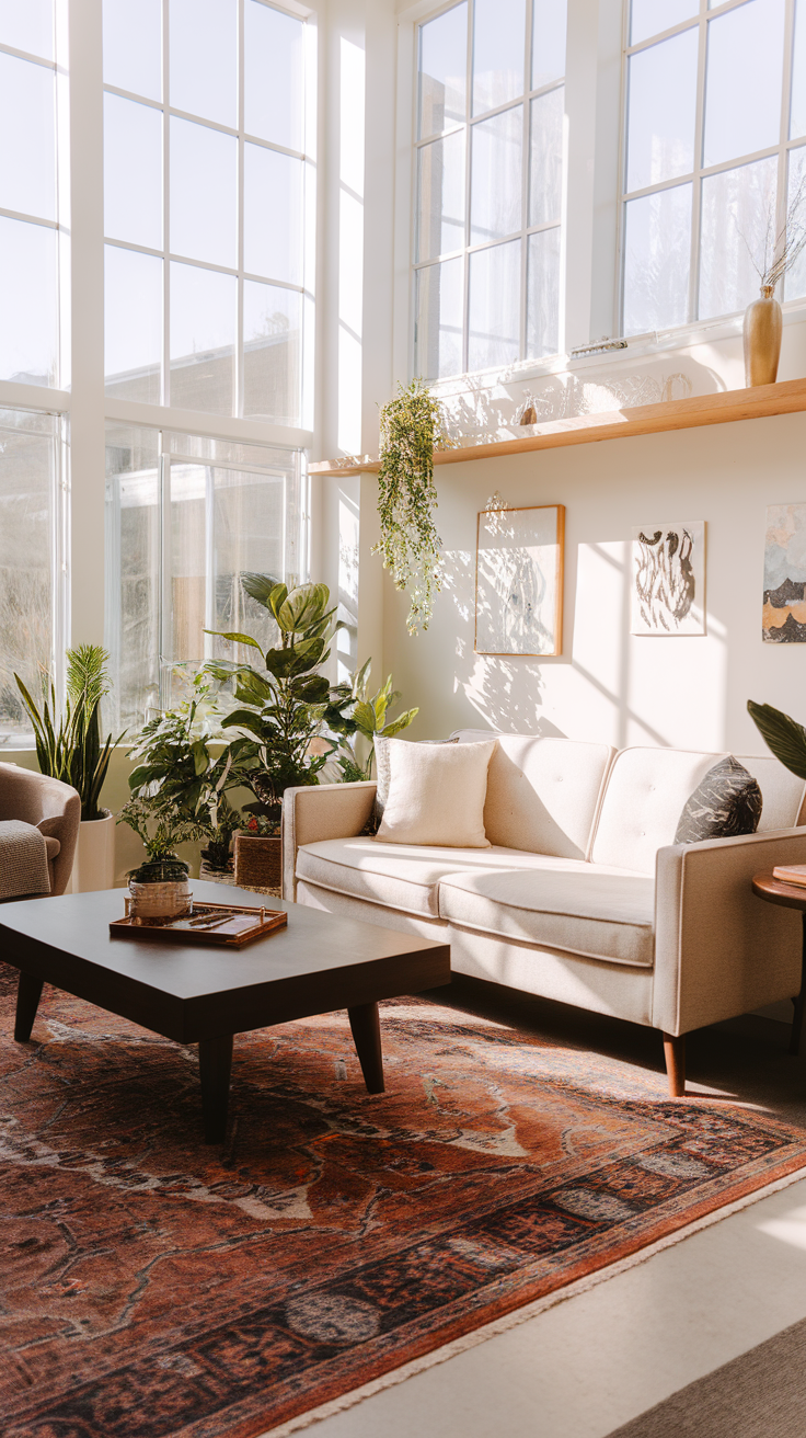 Bright living room with large windows, plants, and cozy furniture