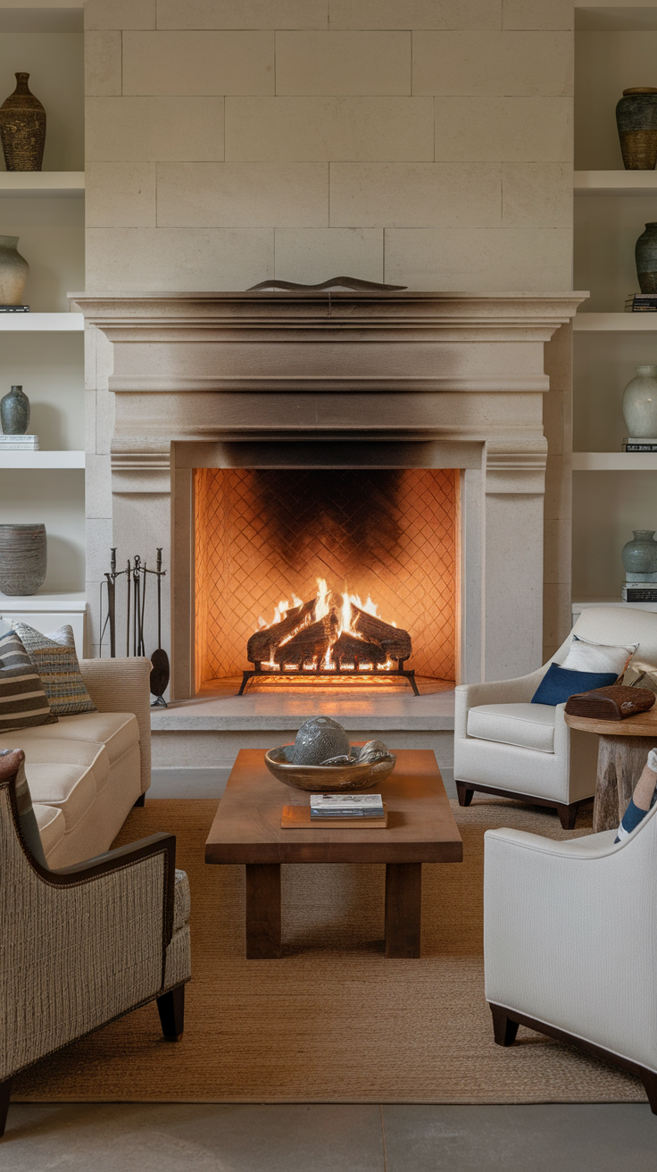 A cozy fireplace with a warm fire, surrounded by comfortable seating and decor.