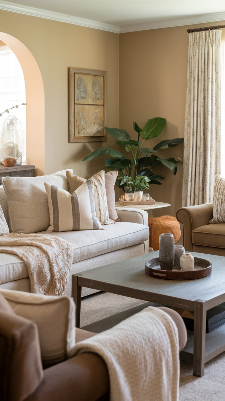 A cozy living room featuring throw blankets and pillows on a sofa with warm lighting and plants.