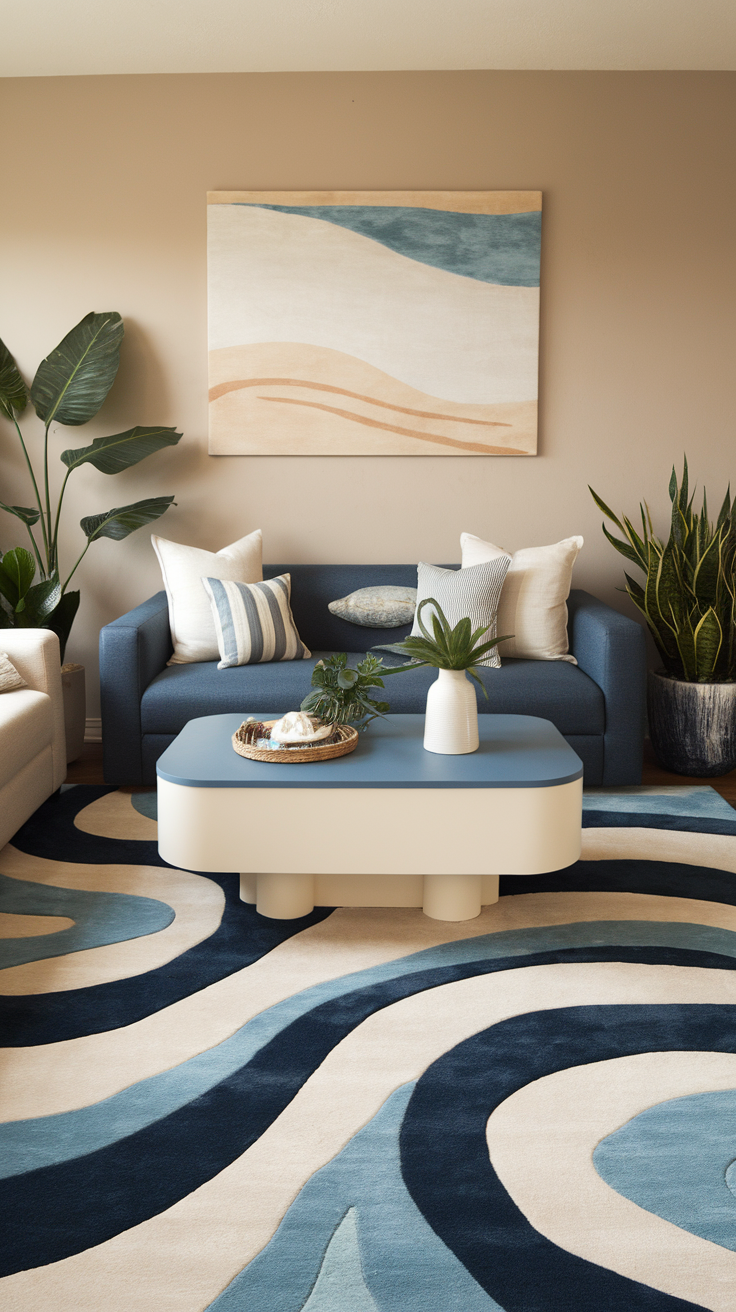 A cozy living room featuring ocean-inspired decor with soft blue tones and gentle curves.