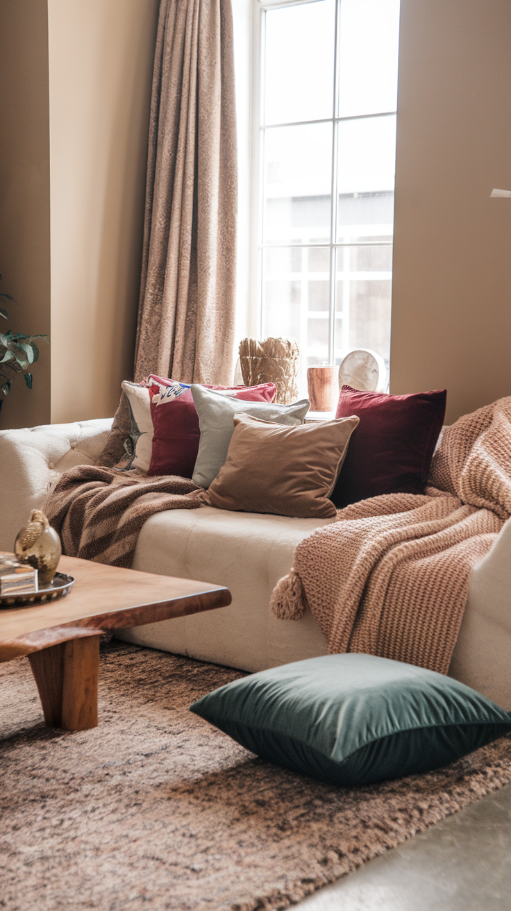 Cozy living room with layered pillows and blankets on a couch