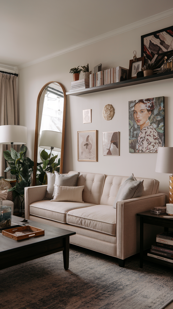 Stylish living room with a beige sofa, decorative wall art, and plants, showcasing a cozy and modern design.