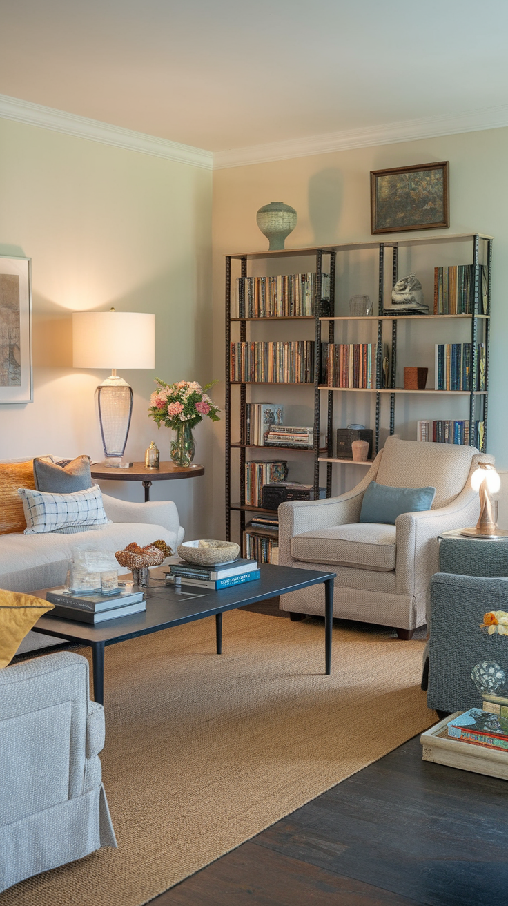 Cozy living room with beige furniture, bookshelves, and warm lighting