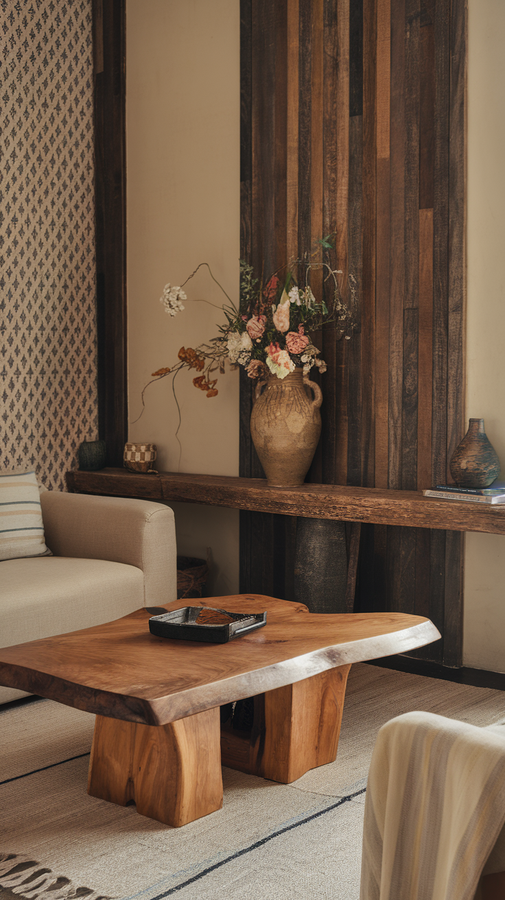 A cozy living room featuring a unique wooden coffee table and stylish decor.