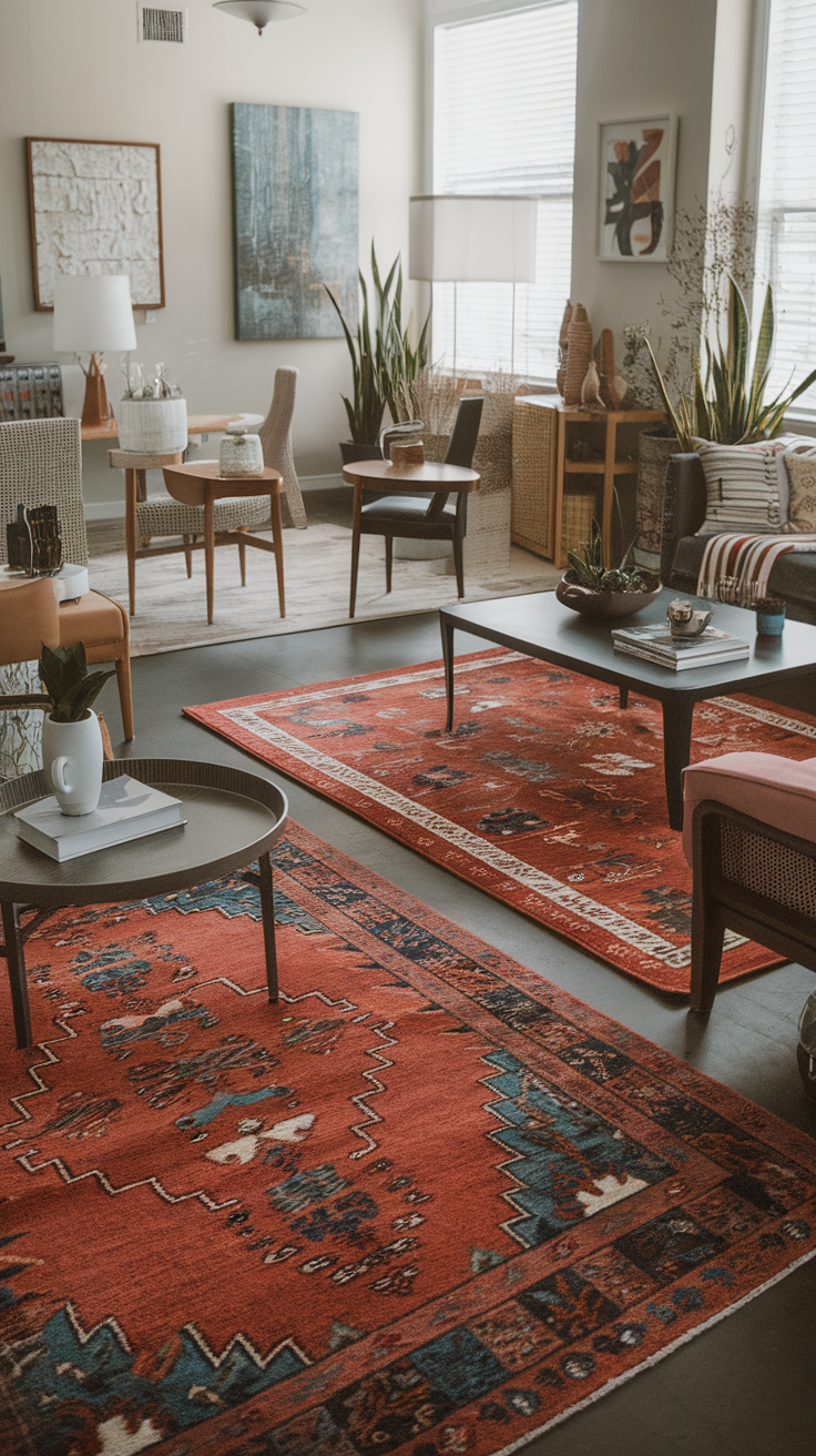 Stylish area rugs in a cozy living room setting, featuring modern decor and plants.