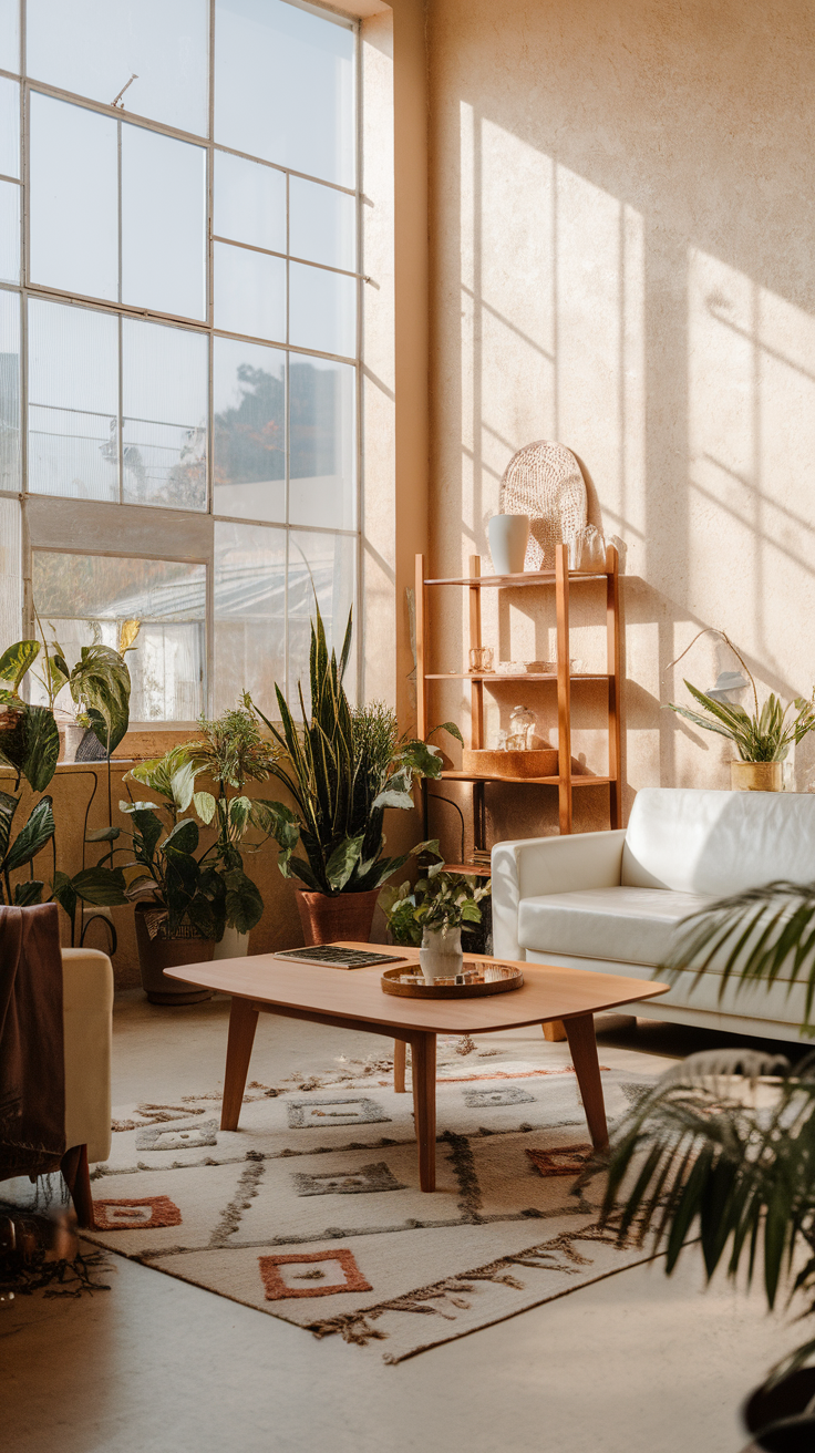 Cozy living room with plants, a wooden coffee table, and large windows letting in natural light.