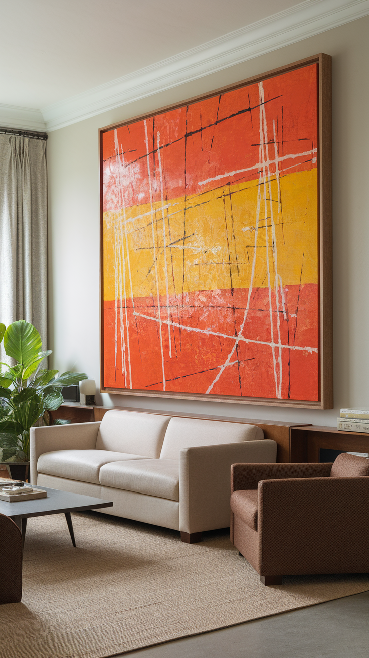 A cozy living room with a large, colorful abstract painting on the wall, featuring a beige sofa and brown armchair.