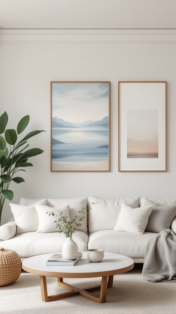 A modern living room featuring calming wall art with a light sofa and coffee table.