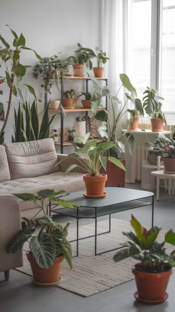 A cozy living room filled with various indoor plants, showcasing a stylish and inviting atmosphere.