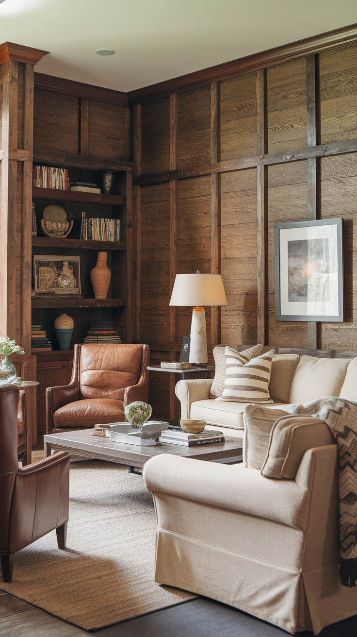 A cozy living room with warm textured walls, featuring a comfortable sofa and chairs.