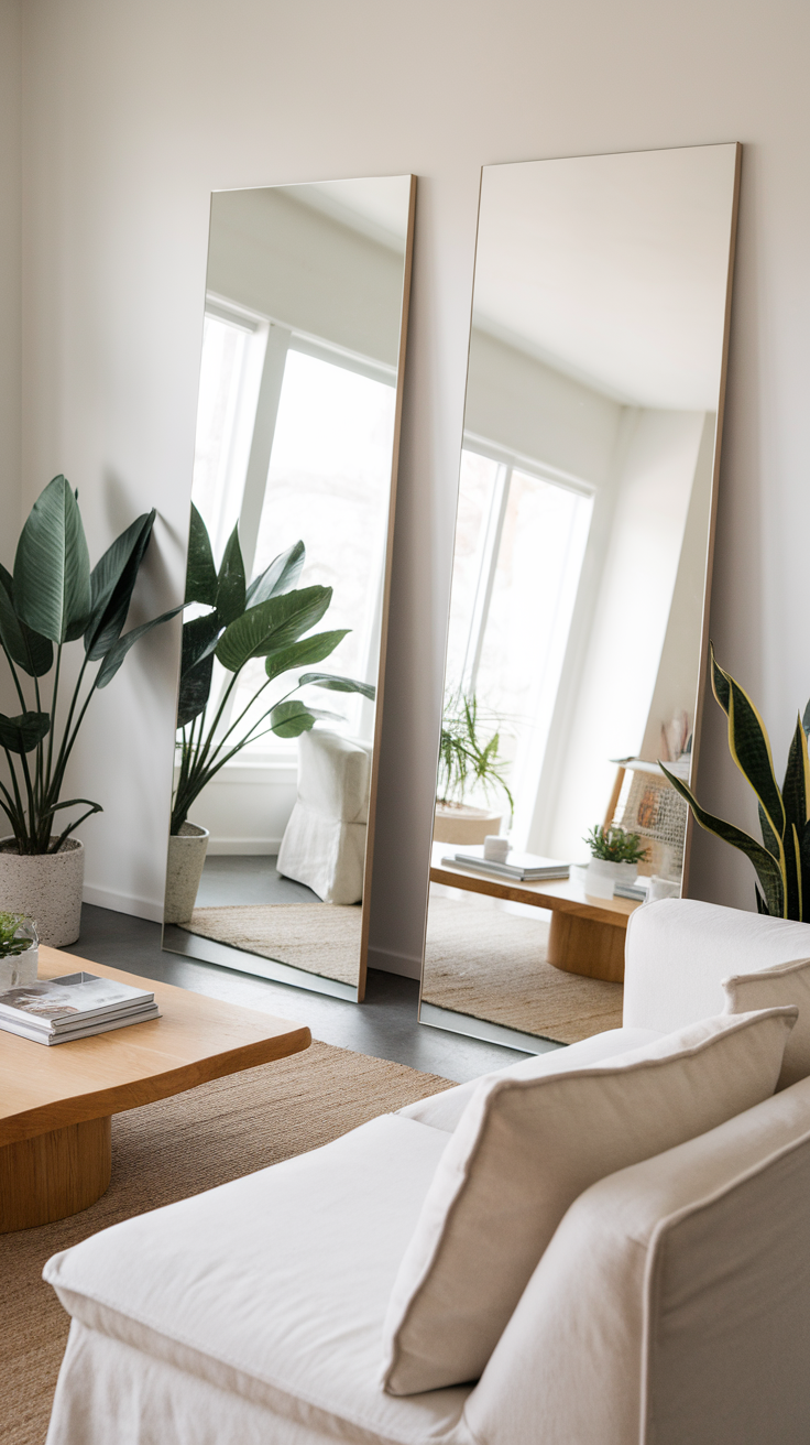 Stylish interior featuring two large mirrors, plants, and a cozy seating area.