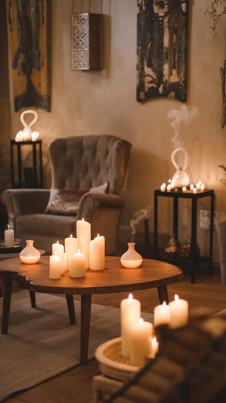 Cozy living room with candles and essential oil diffuser